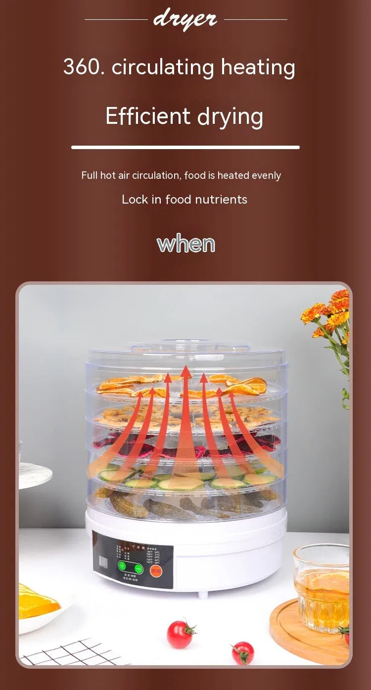 Five layer electric food dehydrator with stackable trays for drying fruit and vegetables
