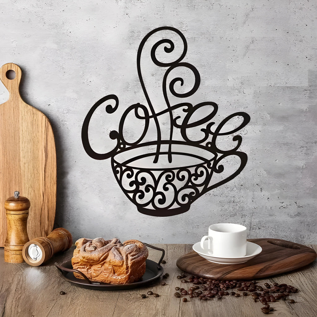 Black wrought iron wall ornament with English letters silhouette design measuring 26x28 cm