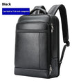 Black genuine cowhide leather commuter backpack with USB port and curved strap.