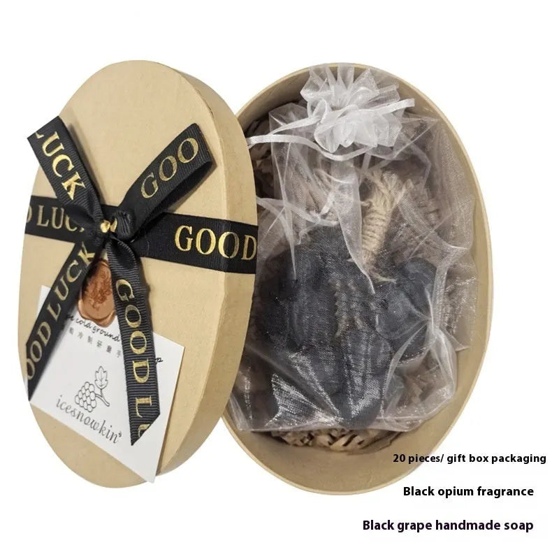 A 120g bar of handmade grape soap with options for black, green, purple, and litchi fragrance.