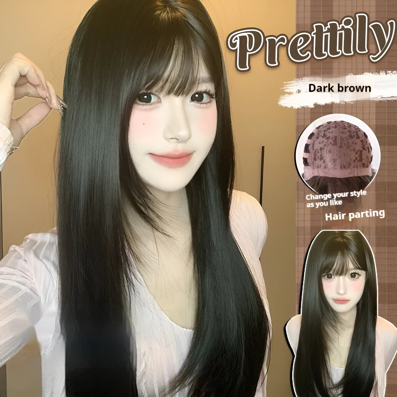 Dark brown long straight synthetic wig with a full fringe on a wig head.