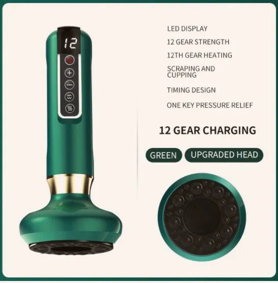 Green electric vacuum cupping massager with USB charger and essential oil head