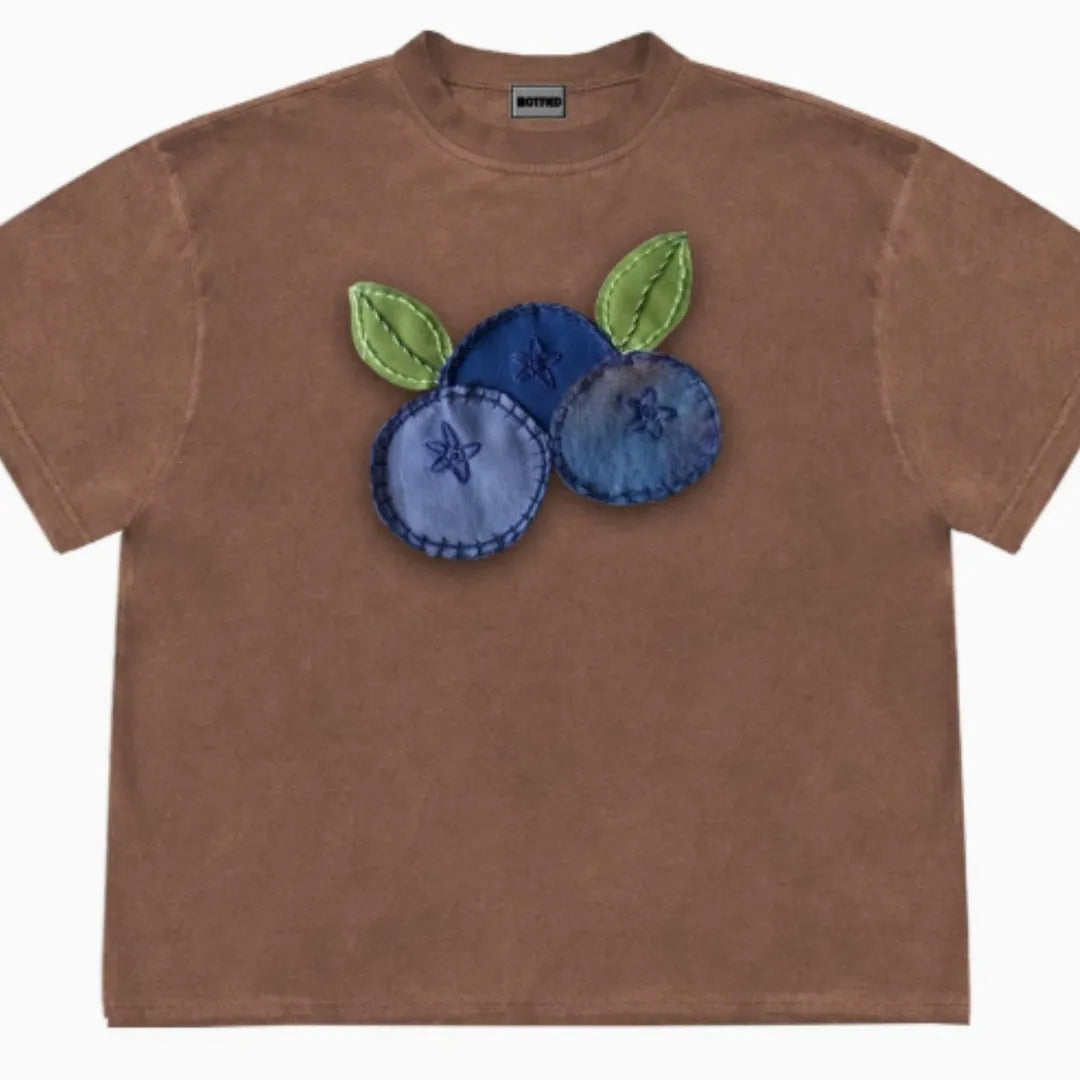 Blueberry patchwork fruit print t-shirt in ice oxygen cotton loose fit