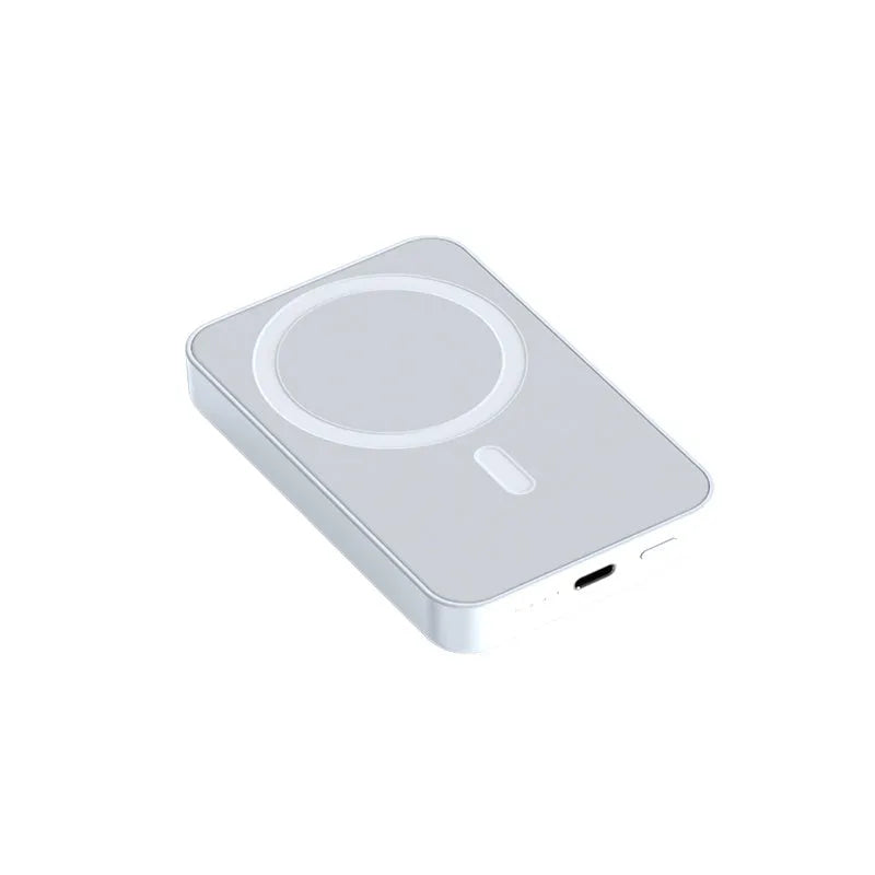 Pink, purple, or white 20000mAh magnetic wireless power bank with plastic shell, showing dimensions.