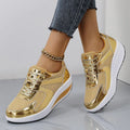 Women's gold mesh platform sandals with cross strap and round toe design