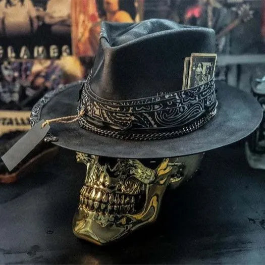Handmade wool felt Halloween skull hat with conical crown and denim accents