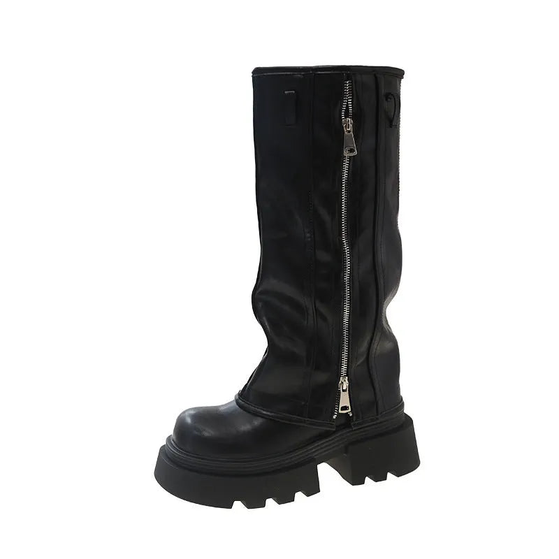 Platform muffin pants Martin boots with square heel in available colours: black, brown, and wine red