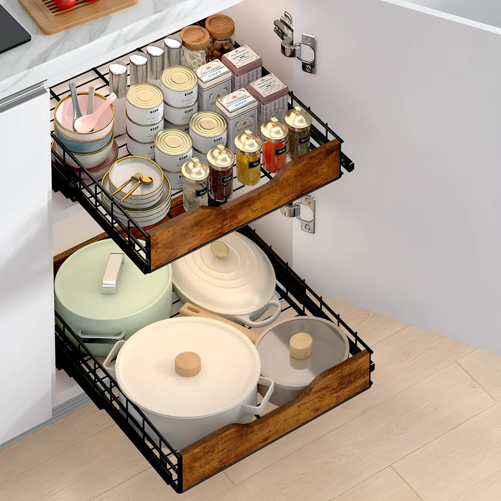 Black household storage rack with wood and iron pull basket design for multi-purpose organisation.