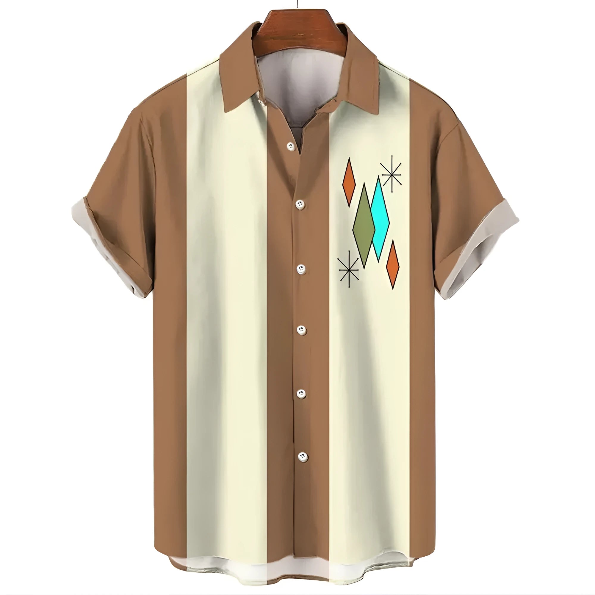 A man's striped Hawaiian short-sleeve shirt in polyester, shown in one of the available colours.
