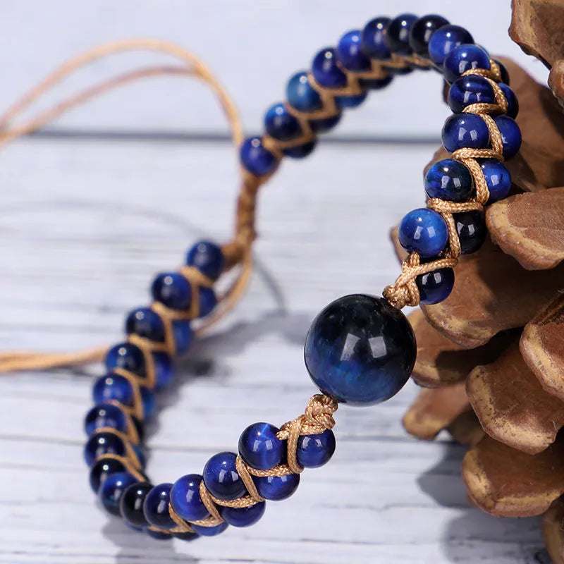 Handmade woven geometric pull bracelet with Tigereye stone beads in blue or amethyst colours