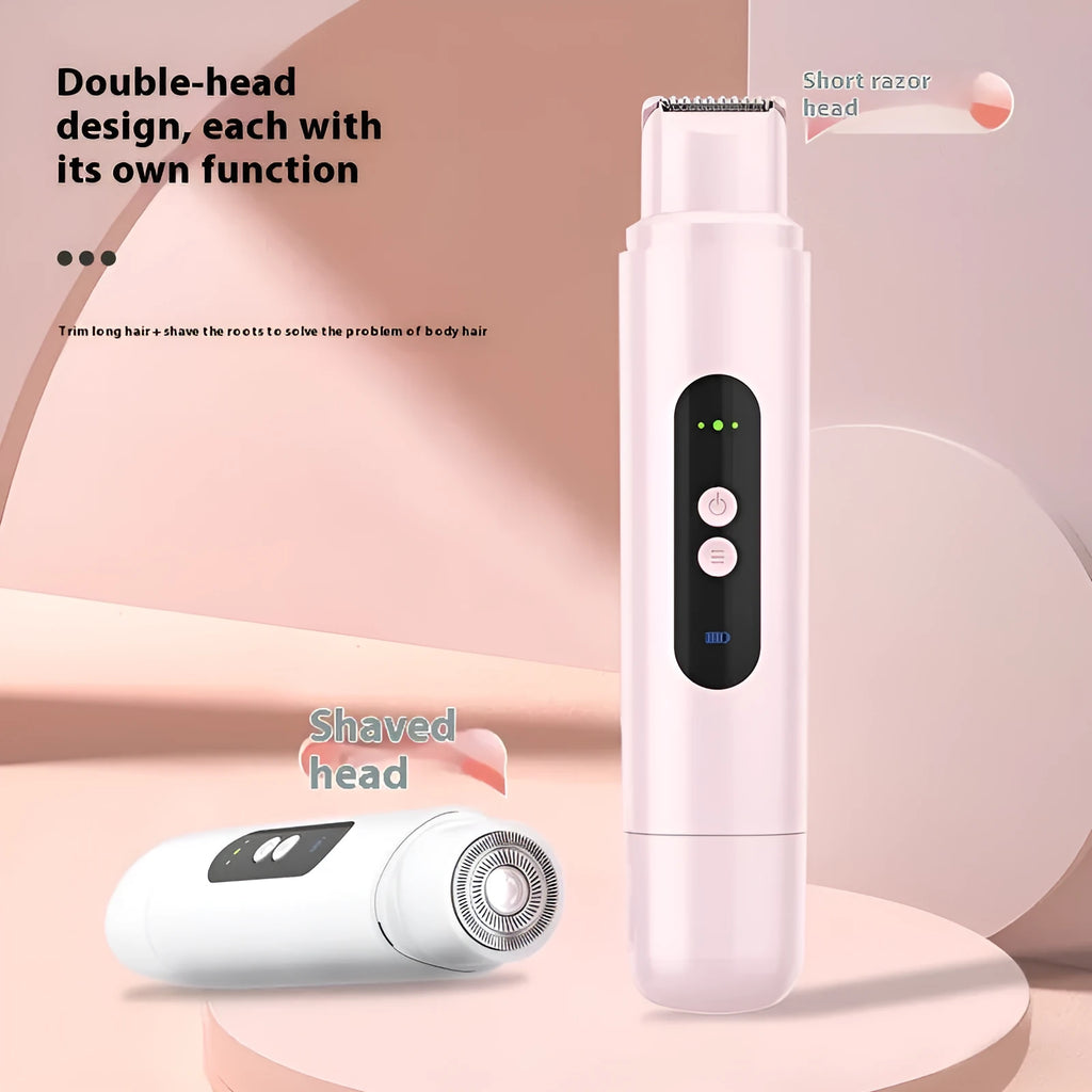 Pink and white electric body hair trimmer with USB charging cable on white background