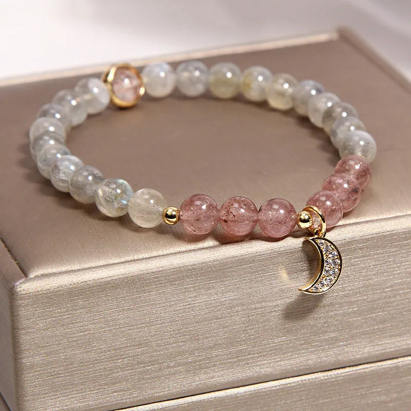 Women's multi-layer crystal bracelet with natural garnet, strawberry quartz, and moonstone pendants in Korean style.