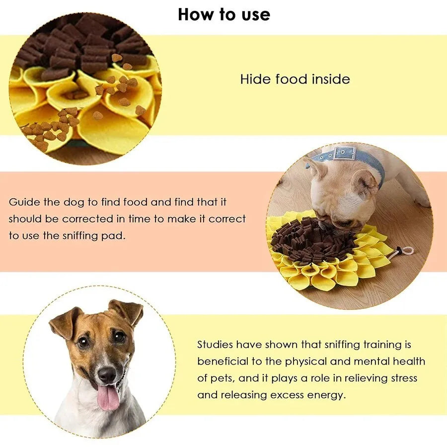 Yellow sunflower-shaped dog snuffle mat with rope and buckle for slow feeding and nosework training
