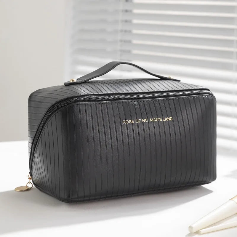 Vertical pattern cubic makeup bag in PU leather measuring 22.5 x 12.5 x 12.5 cm