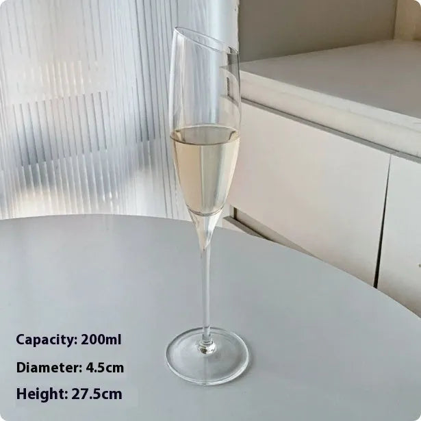 Clear crystal champagne glasses set showing seven different design styles including flute and goblet shapes