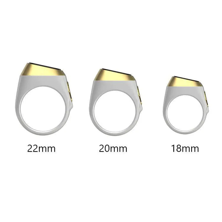 Zikr1 smart Islamic prayer ring in silver on a hand, showing its OLED display and single button.