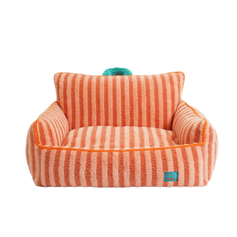 Striped plush pet bed for cats and dogs with a removable washable cover in yellow, orange, or purple.