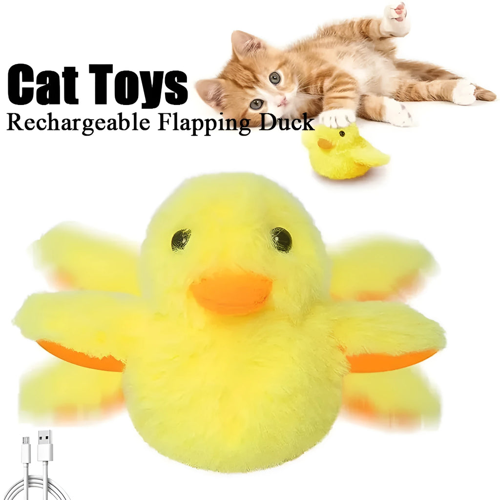 Yellow flapping duck cat toy with USB charging cable and removable plush cover