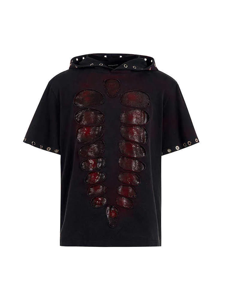Black men's loose-fitting hooded t-shirt with short sleeves and cut sequins detail.