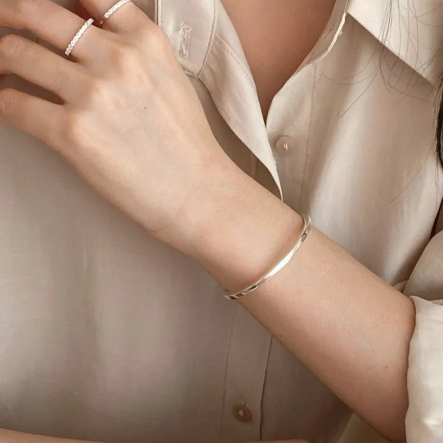 Square Line Sterling Silver 3mm Bracelet Women's Japan Korea Style Simple Quadrilateral Ring Element Bracelet Gift Employee Benefits Electroplated Plain Silver Jewelry A314
