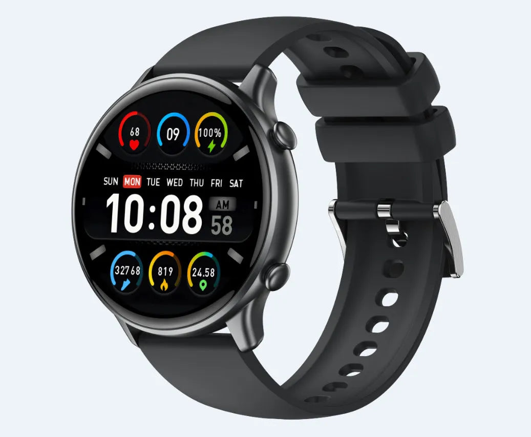 Round smart sports watch with touch screen and silicone strap showing heart rate monitoring display