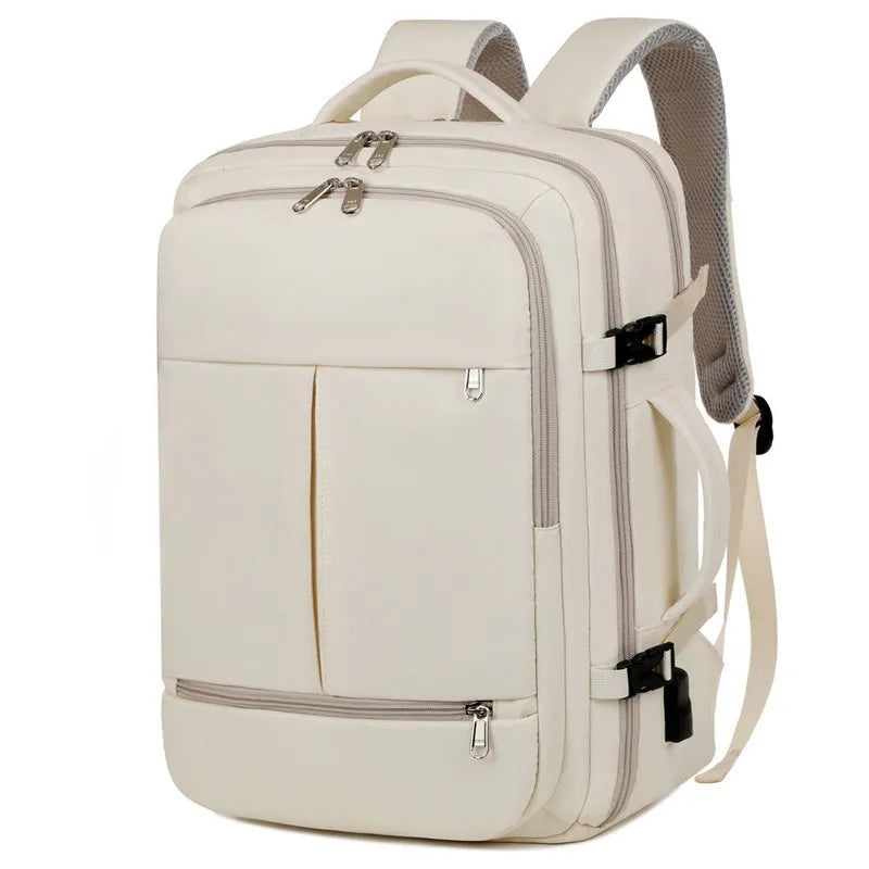 Large waterproof oxford cloth backpack with multiple pockets open to show 15.6-inch laptop compartment