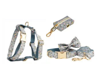 Dog collar set with floral polyester cotton bow attachment in five sizes