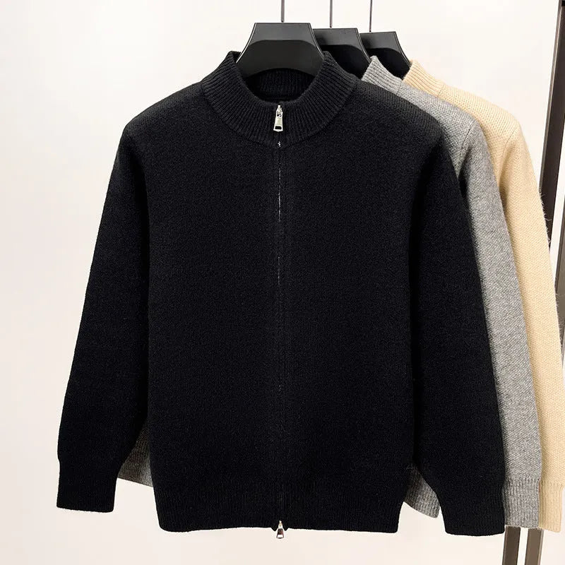 Men's high-stand collar knitted cardigan with zipper front in loose fit design