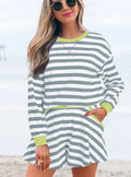 Women's black stripe blouse and shorts set with contrast ribbed banding detail