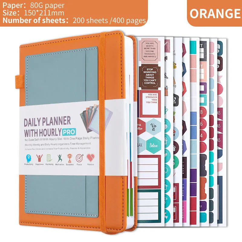 PU leather notebook with strap closure, shown open on 80g wood-free paper, available in purple, green, gray, black, pink, and orange.