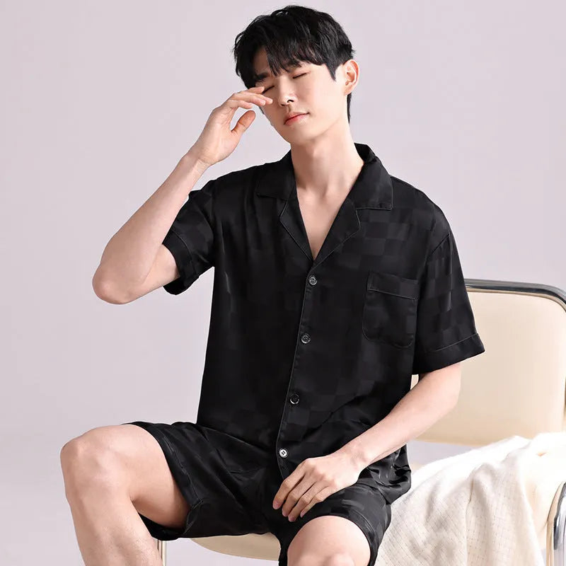 Men's ice silk pajama set with cardigan top and shorts in satin jacquard pattern