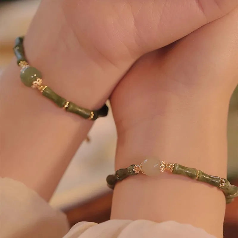 Traditional Hetian jade bamboo festival bracelet with geometric circular design in dark green or light colour options