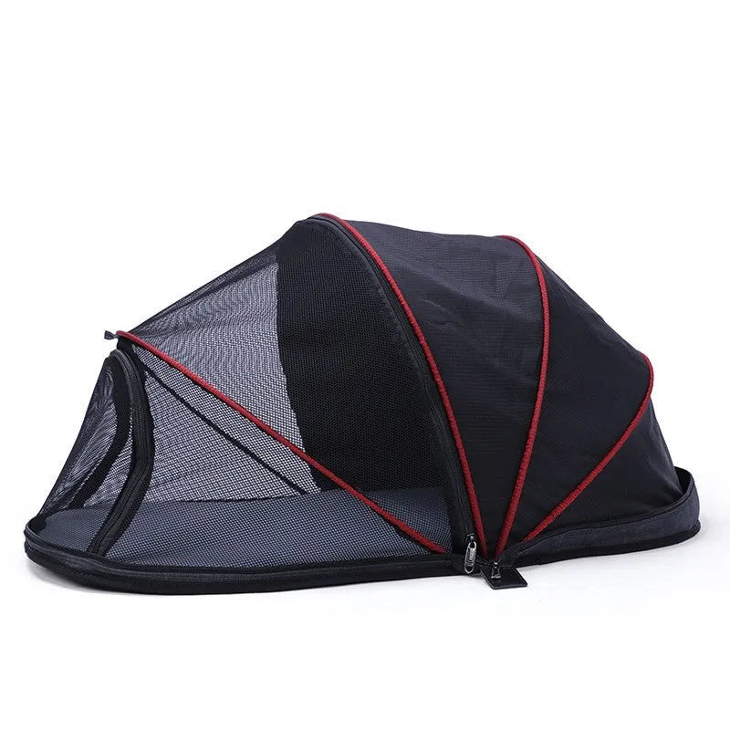 Folding cat tent with half mesh panels in portable travel design for indoor and outdoor use