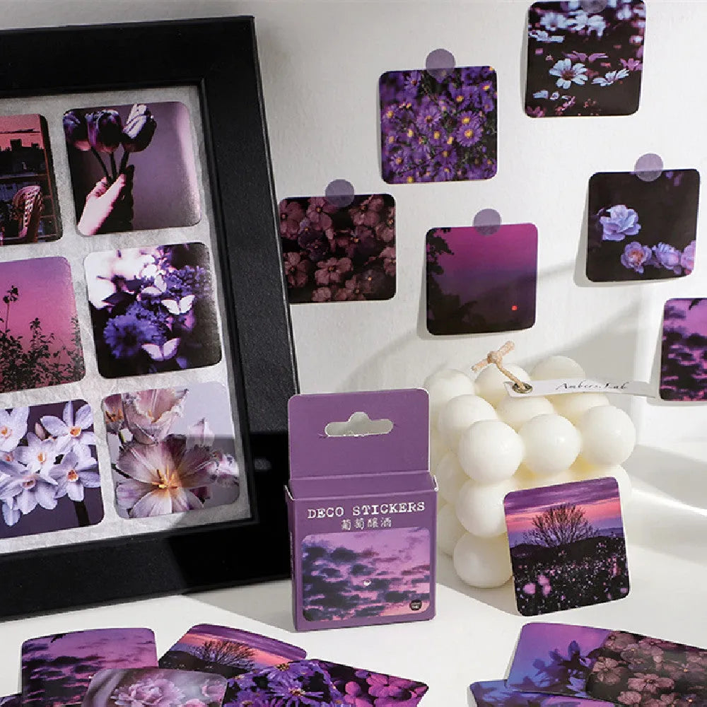 Box of Nordic style decorative stickers showing floral and scenic designs, 46 sheets total, each 44mm square.