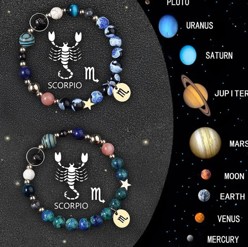 Two natural stone beaded bracelets displaying zodiac symbols on a textured background.