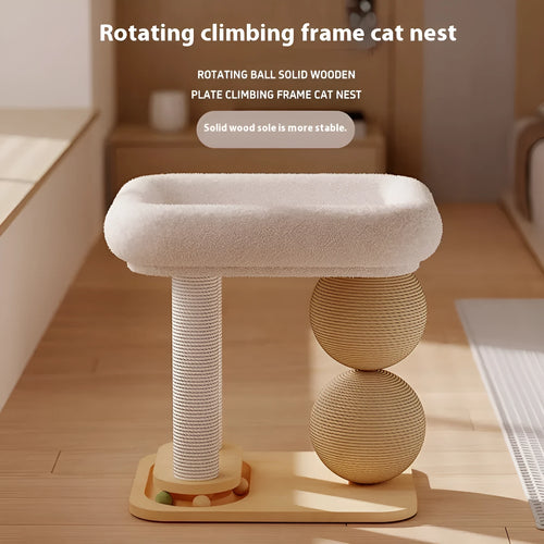 Pine wood cat nest with a built-in wooden grasping ball for scratching