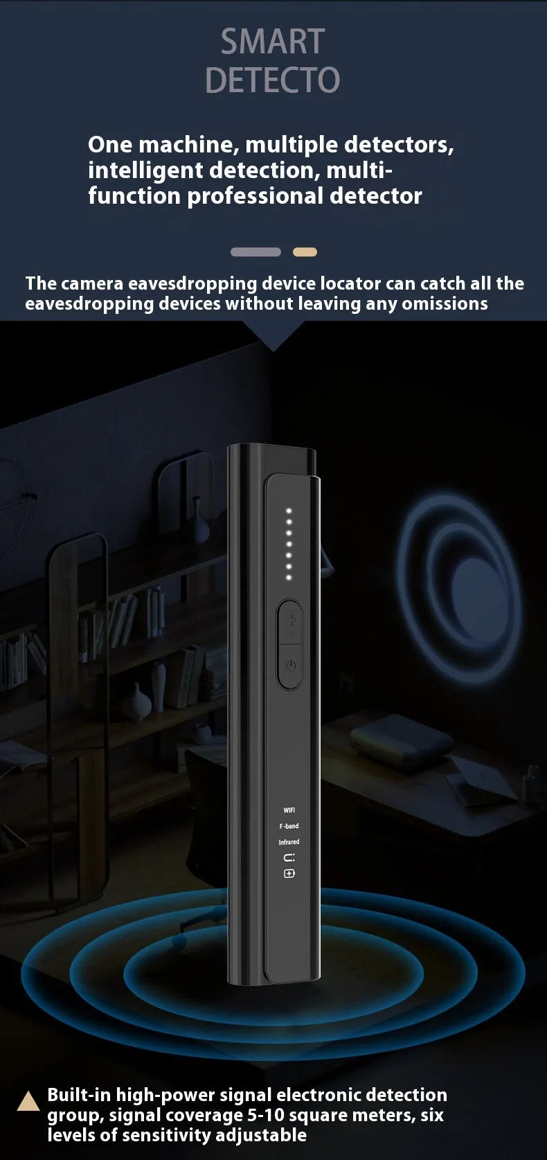 Black or silver anti spy camera detector with dimensions 160mm x 88mm x 47mm