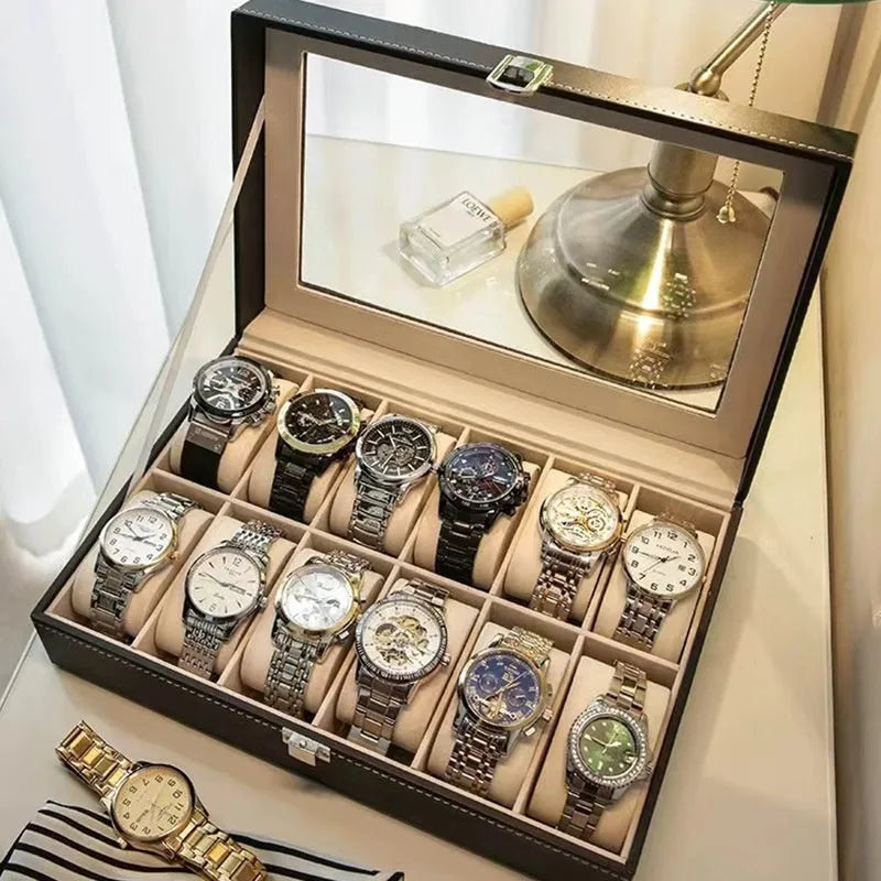 Grey high-grade leather watch storage box with a dustproof transparent lid, shown in a multi-capacity display.