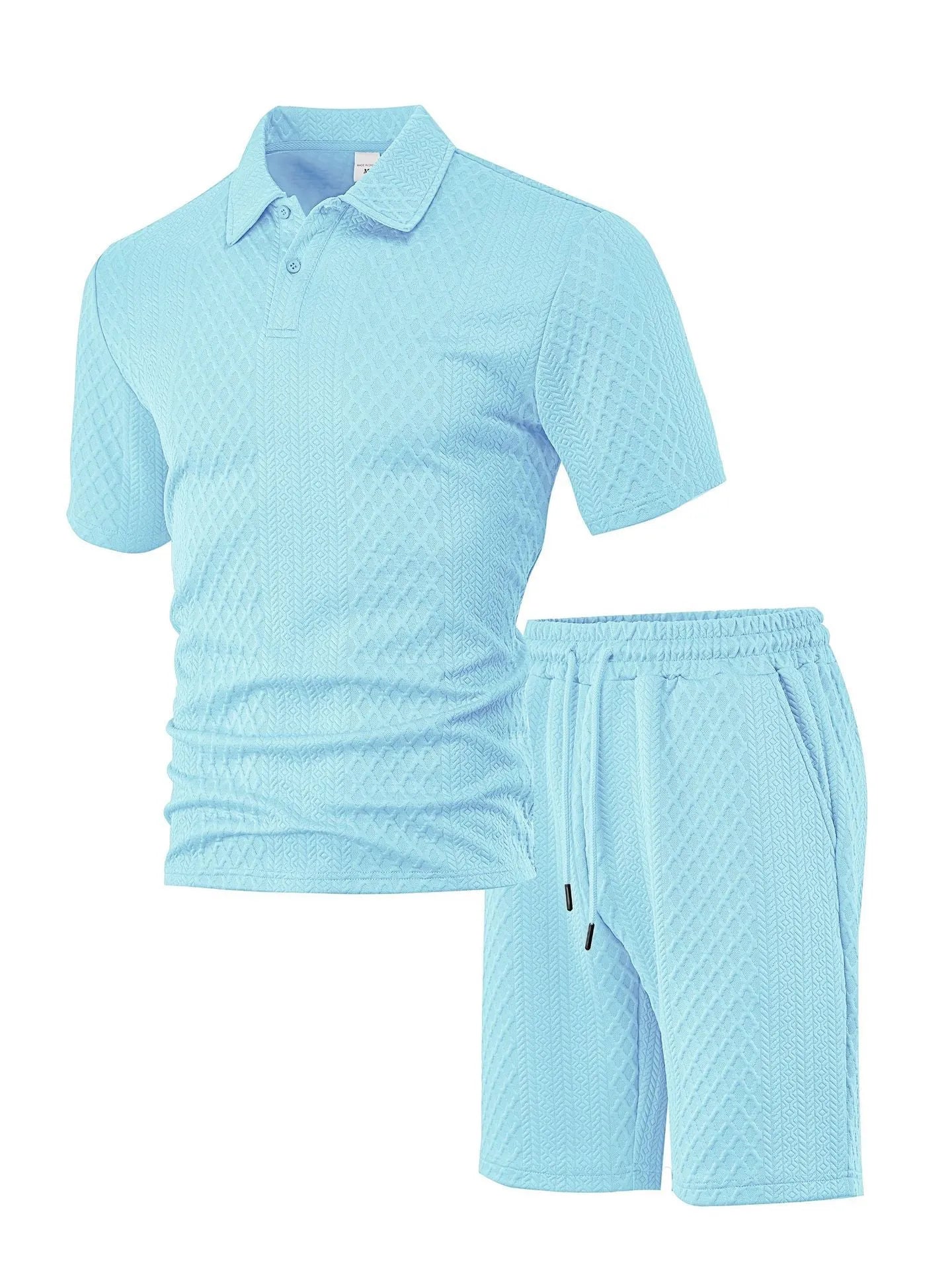 Men's patterned cloth casual suit with short sleeve polo top and matching trousers in multiple colour options