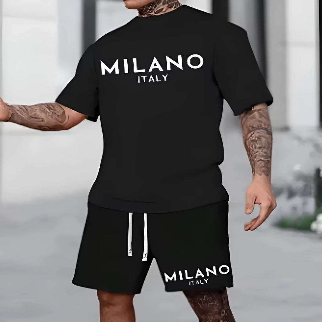 Man's short sleeve polyester pullover top and matching shorts suit set in blue.