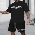 Man's short sleeve polyester pullover top and matching shorts suit set in blue.