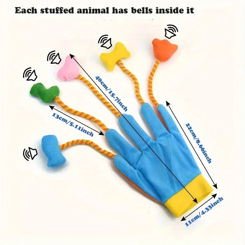 Yellow blue magic glove pet toy with plush trailer and integrated bell for interactive cat and dog play