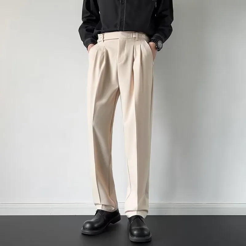 Men's straight-leg suit trousers in apricot and black colours with loose fit design