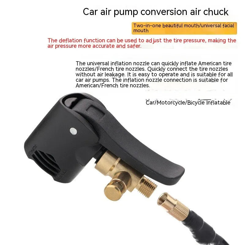 Two-in-one inflatable nozzle conversion chuck with hose and connectors for vehicle tyres and air mattresses