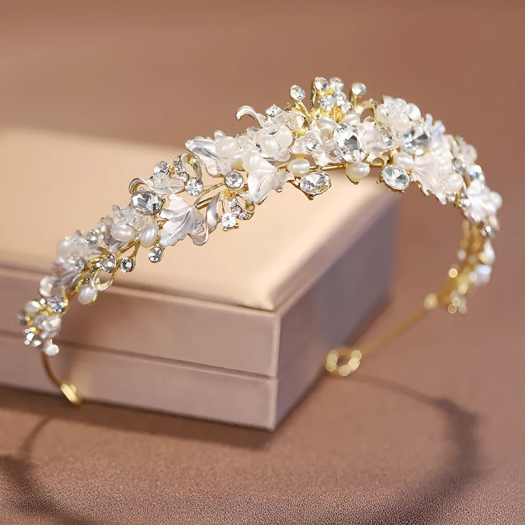 Alloy pearl crown headdress with electroplated finish in gold or silver colour
