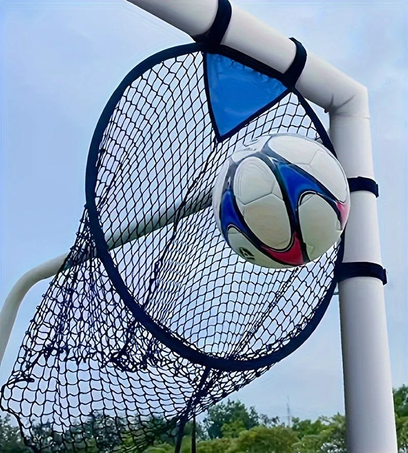 Black portable soccer training goal net set up on grass, showing 130cm square frame and netting.
