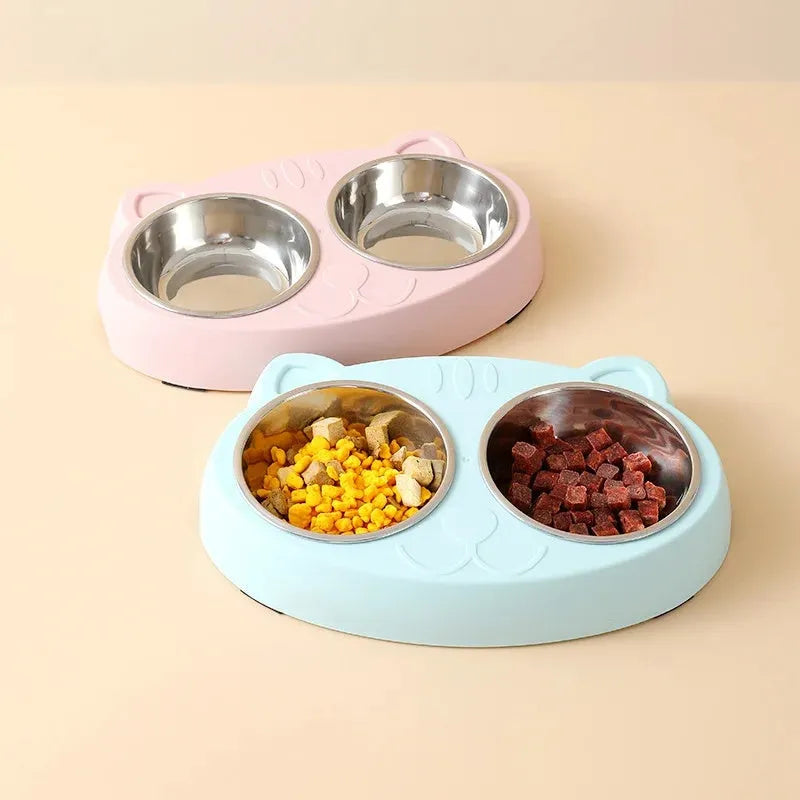 Macaron-style plastic pet feeder with two bowls in blue, green or pink colours