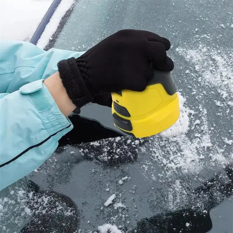 Yellow cordless electric ice scraper with rounded ABS blade for car window de-icing