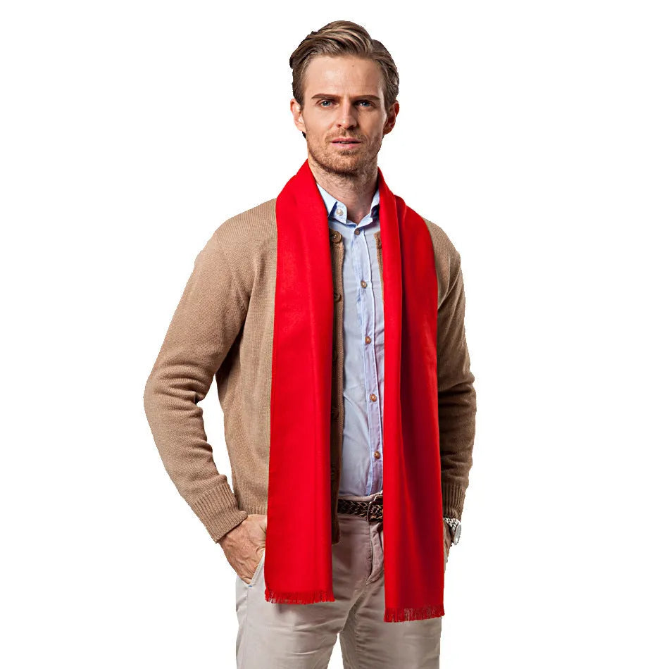 Men's double-sided red velvet tassel scarf 30x180cm plush warm winter accessory