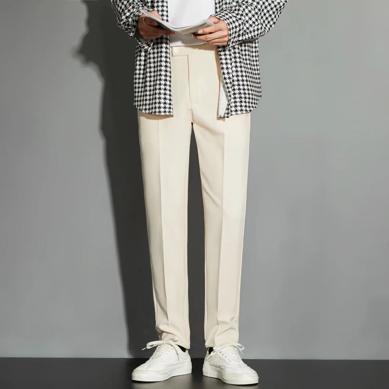 Men's straight ankle-length suit pants in a chemical fibre blend fabric, shown in multiple colours.